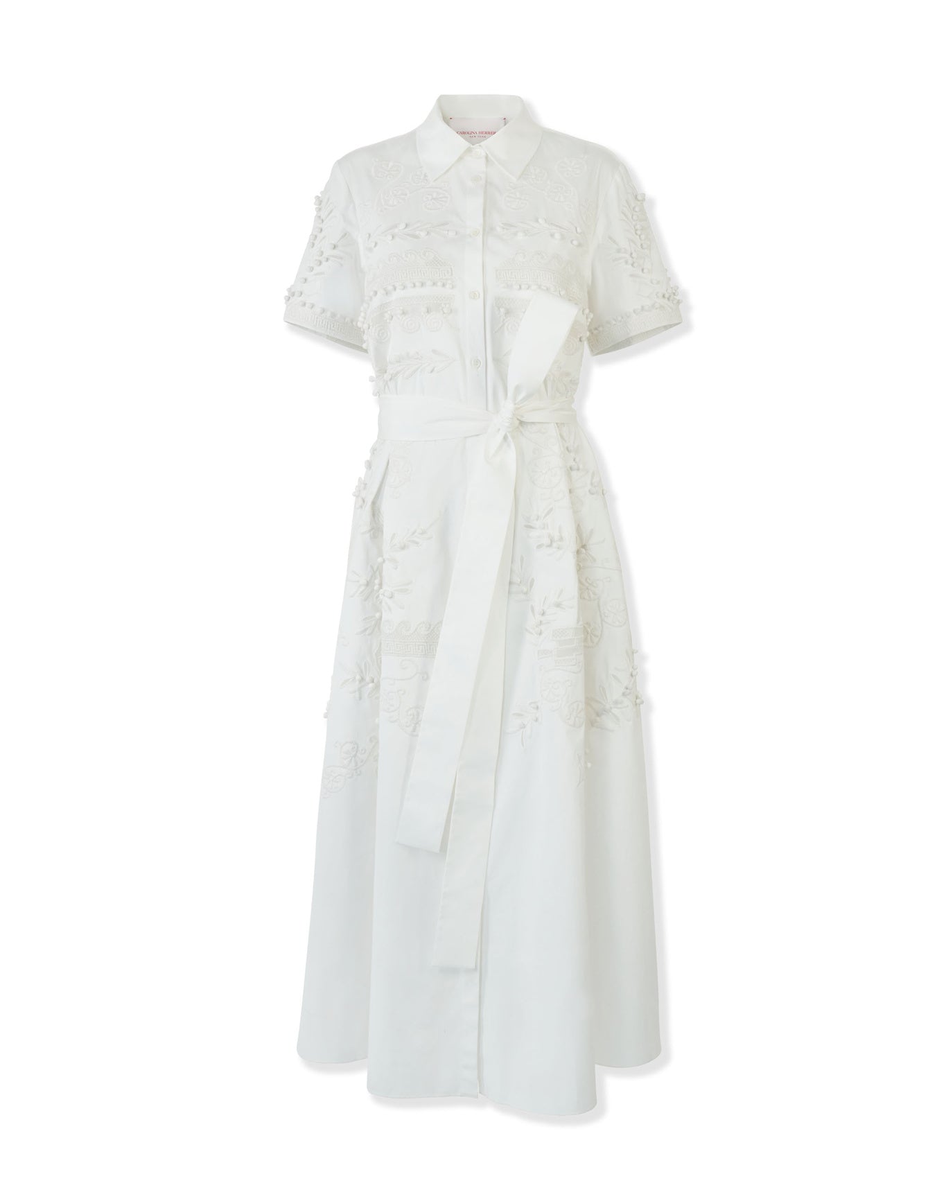 Embroidered Short Sleeve Shirt Dress With Self Belt | White