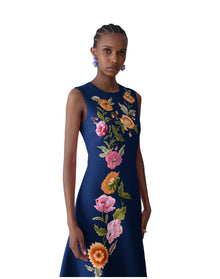 Embroidered Sleeveless Crewneck Flare Dress | Midnight Multi
