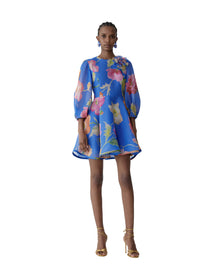 Puff Sleeve Crewneck Mini Dress With Flower | Bluebell Multi