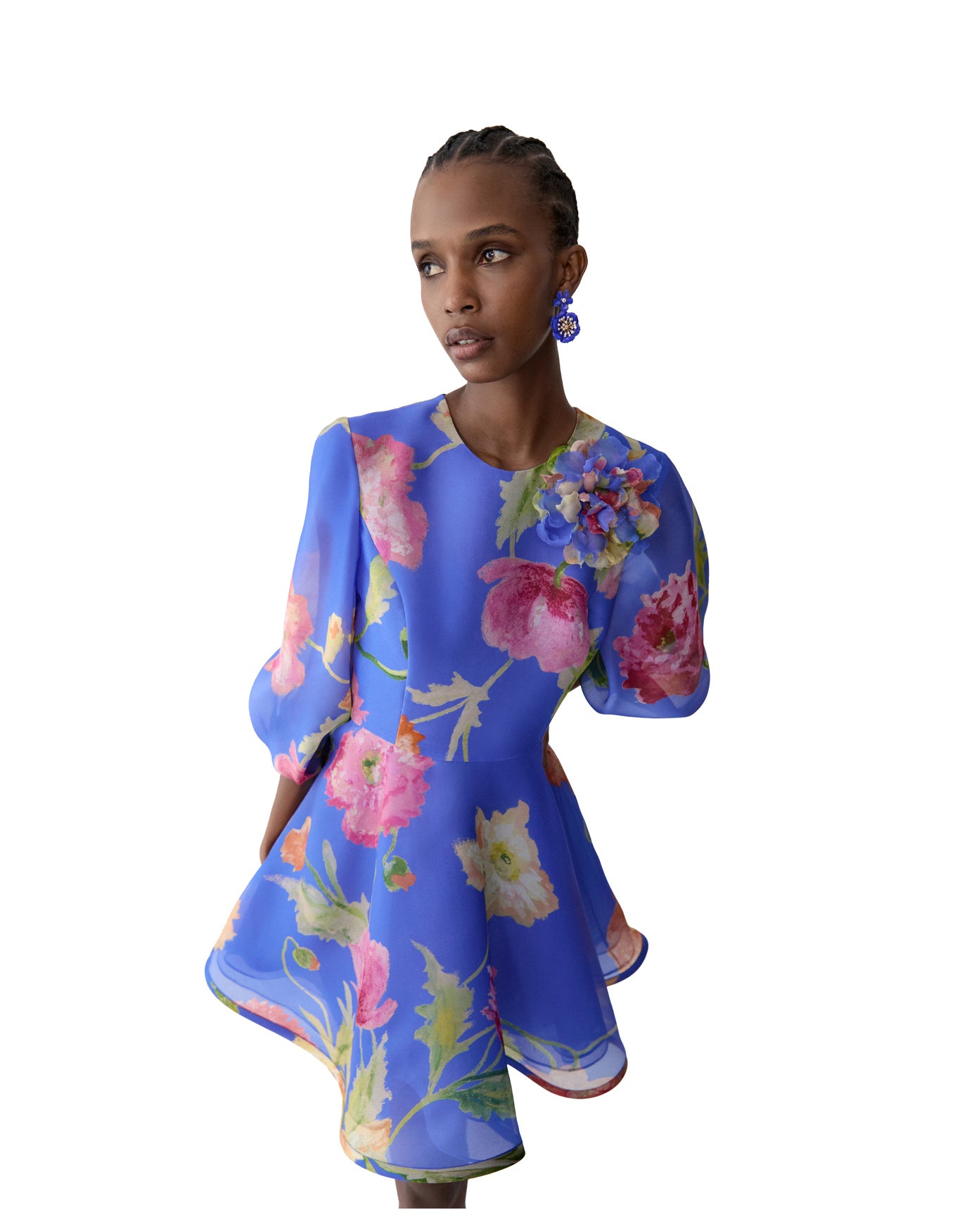 Puff Sleeve Crewneck Mini Dress With Flower | Bluebell Multi