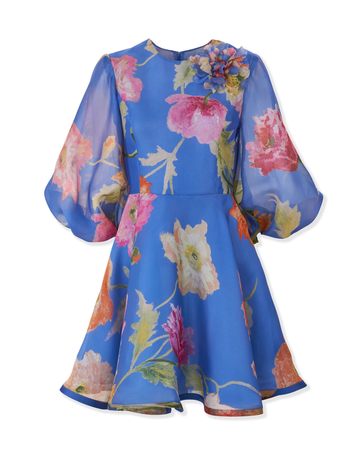 Puff Sleeve Crewneck Mini Dress With Flower | Bluebell Multi