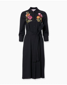 Embroidered 3/4 Sleeve Shirt Dress With Belt | Black Multi