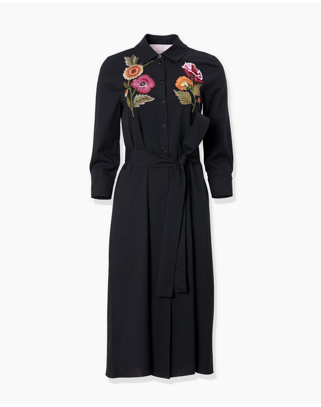 Embroidered 3/4 Sleeve Shirt Dress With Belt | Black Multi