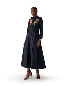 Embroidered 3/4 Sleeve Shirt Dress With Belt | Black Multi