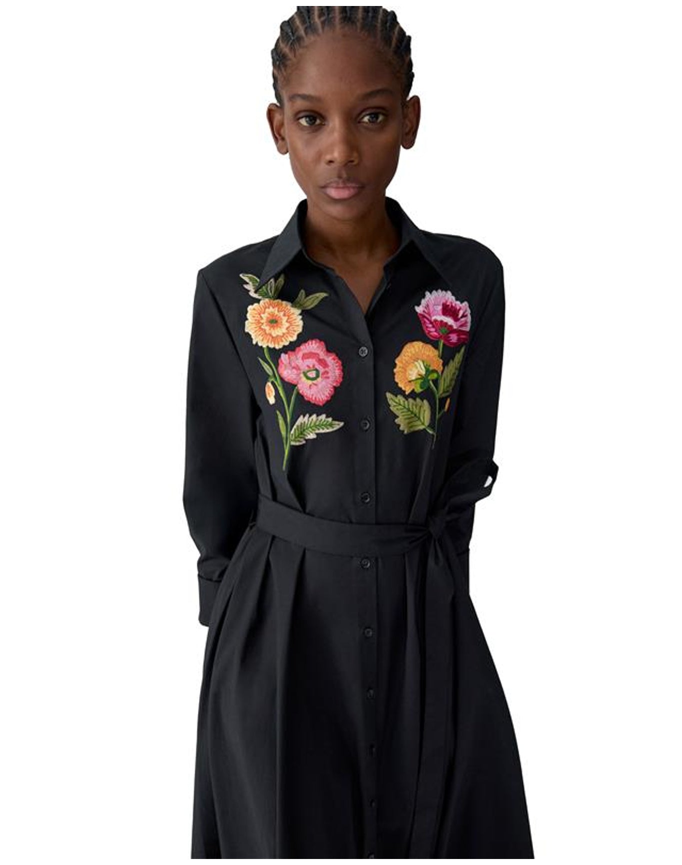 Embroidered 3/4 Sleeve Shirt Dress With Belt | Black Multi