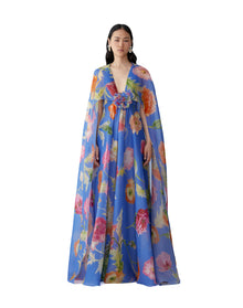V-Neck Gown With Cape & Flower | Bluebell Multi