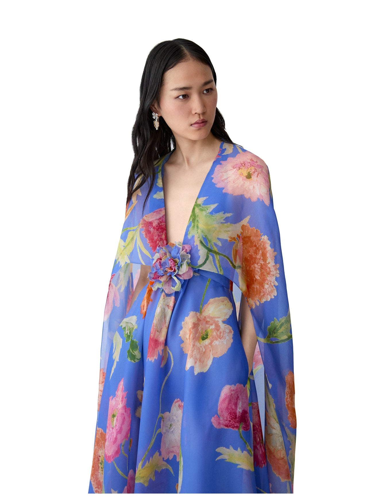 V-Neck Gown With Cape & Flower | Bluebell Multi