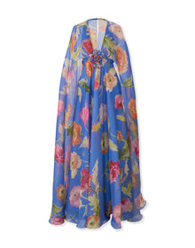 V-Neck Gown With Cape & Flower | Bluebell Multi