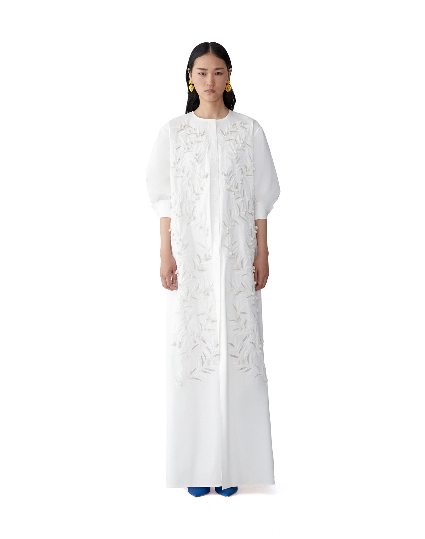 Embroidered Long Sleeve Button Front Gown | White