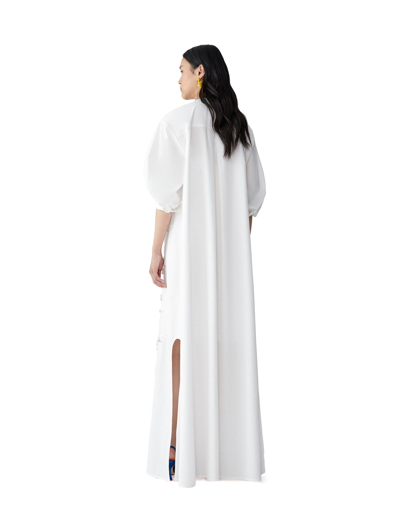 Embroidered Long Sleeve Button Front Gown | White