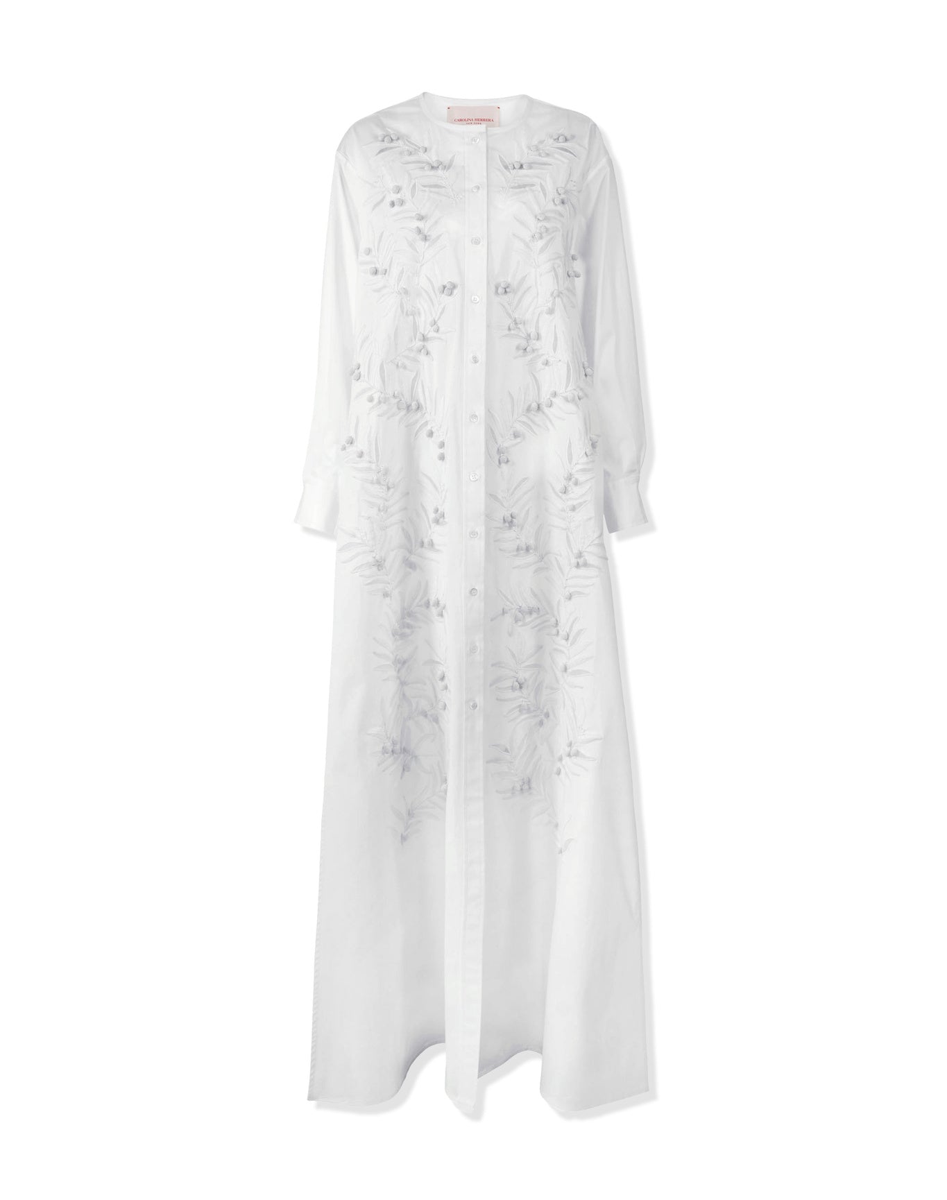 Embroidered Long Sleeve Button Front Gown | White
