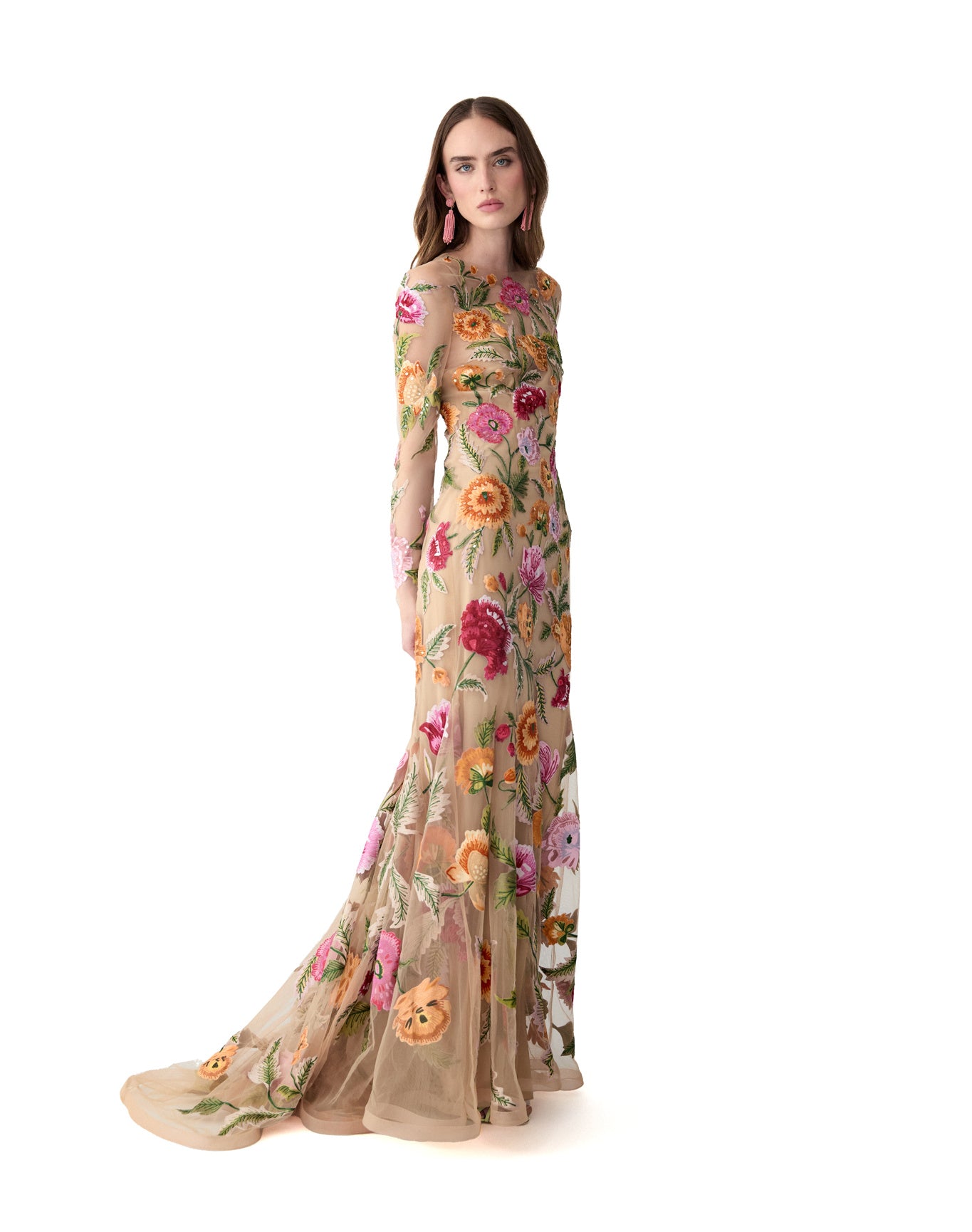 Embroidered Long Sleeve Crewneck Gown | Nude
