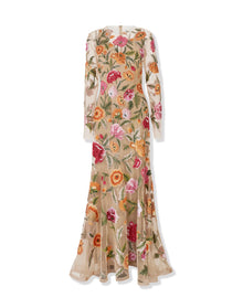 Embroidered Long Sleeve Crewneck Gown | Nude
