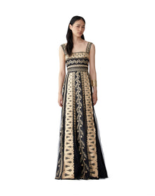 Embroidered Thick Strap A-Line Gown | Gold Multi