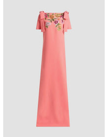 Embroidered Bateau Neck Column Gown With Shoulder Bow | Sunset
