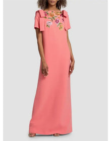 Embroidered Bateau Neck Column Gown With Shoulder Bow | Sunset