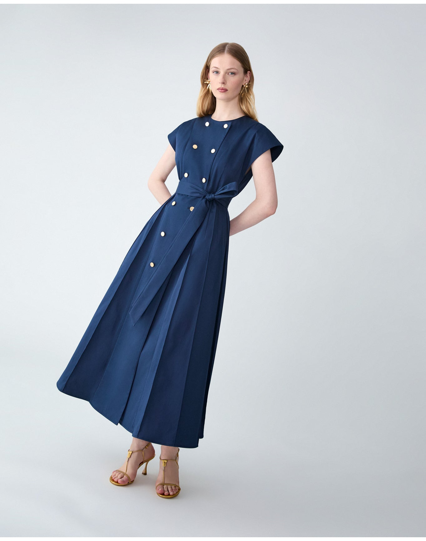 Double Breasted A-Line Midi Dress With Sash Belt | Midnight