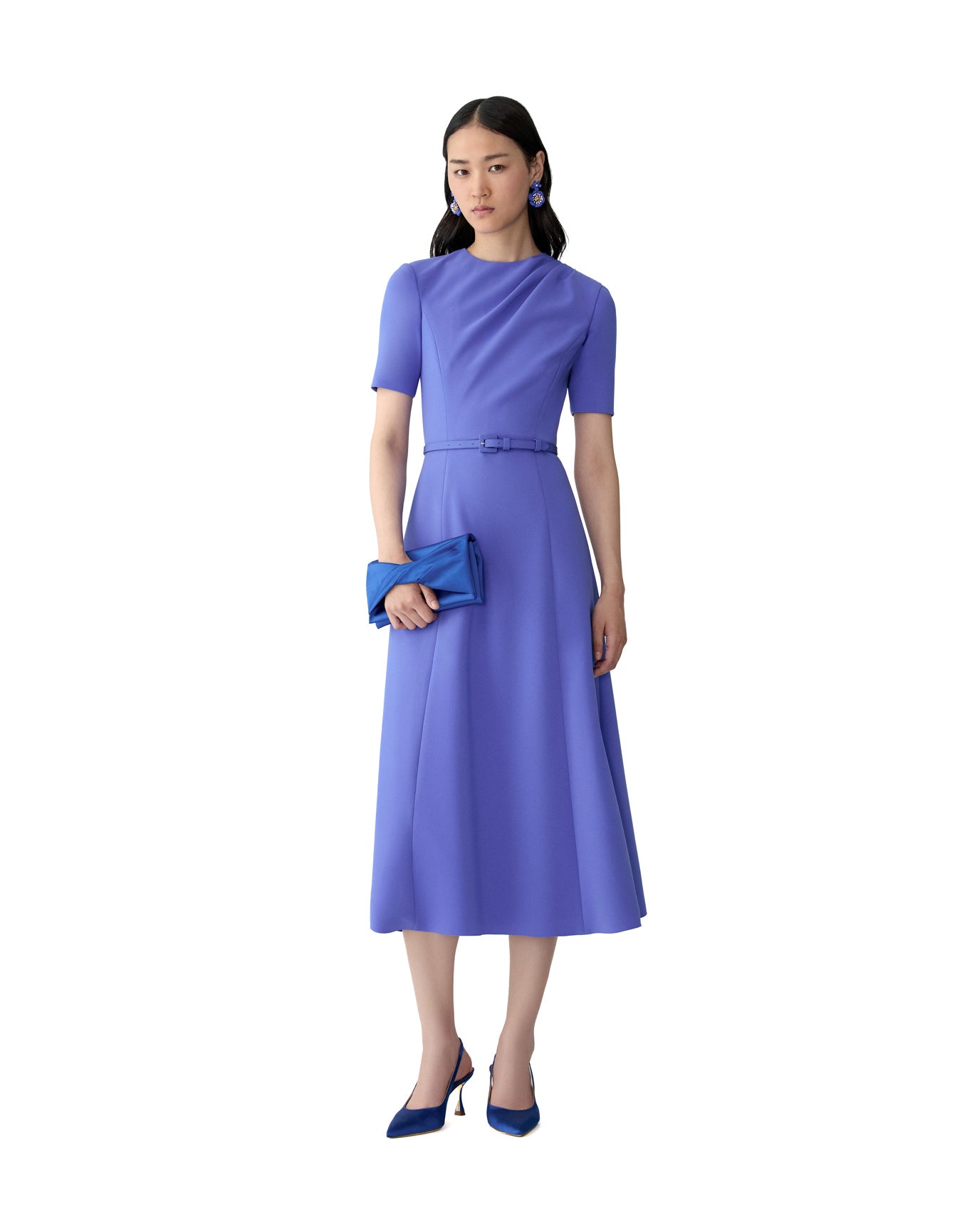Short Sleeve Draped Crewneck Midi Dress With Self Belt | Bluebell