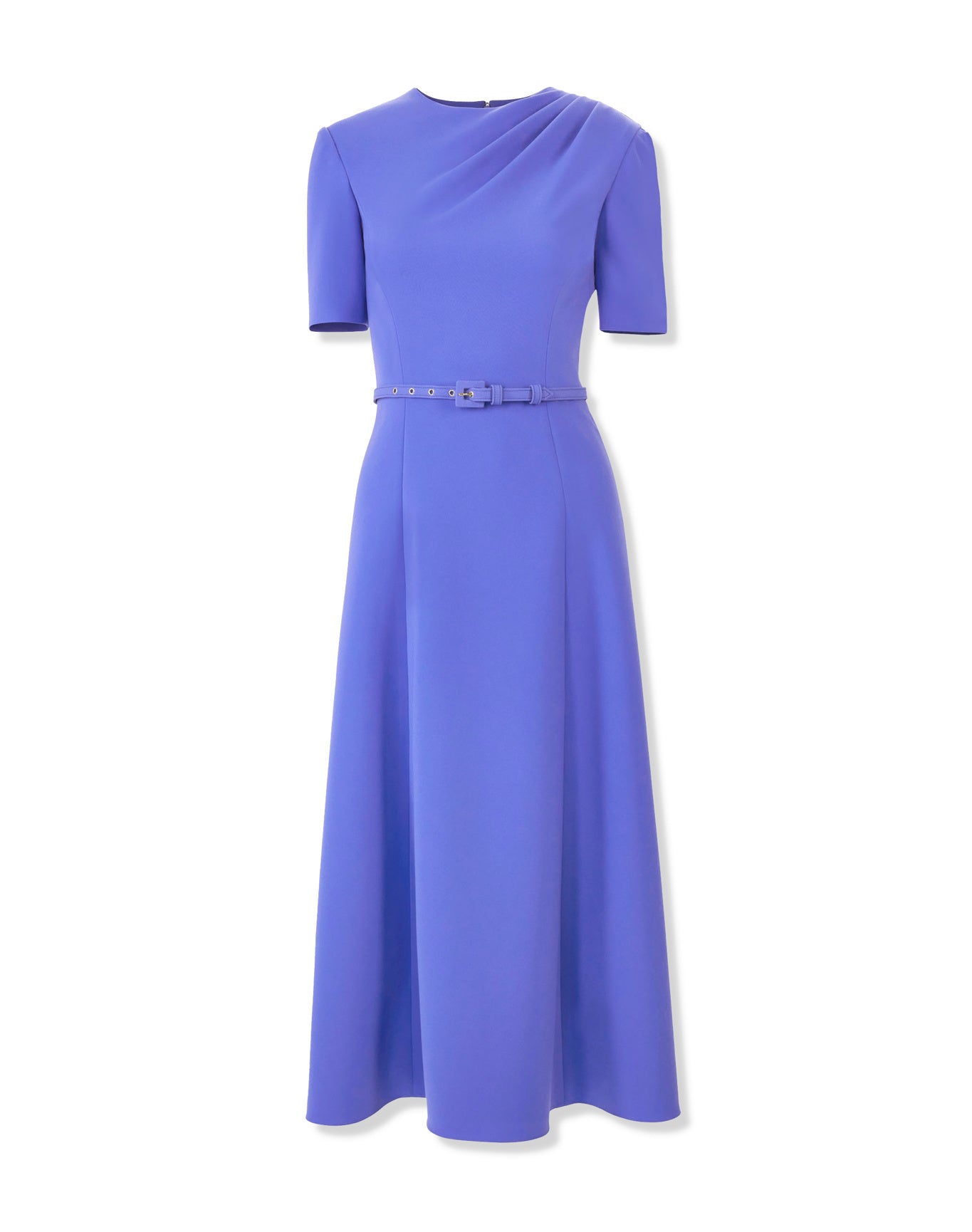 Short Sleeve Draped Crewneck Midi Dress With Self Belt | Bluebell