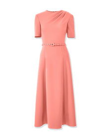 Short Sleeve Draped Crewneck Midi Dress With Self Belt | Sunset