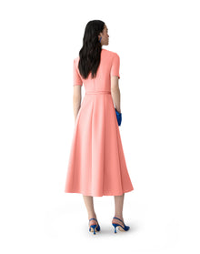 Short Sleeve Draped Crewneck Midi Dress With Self Belt | Sunset