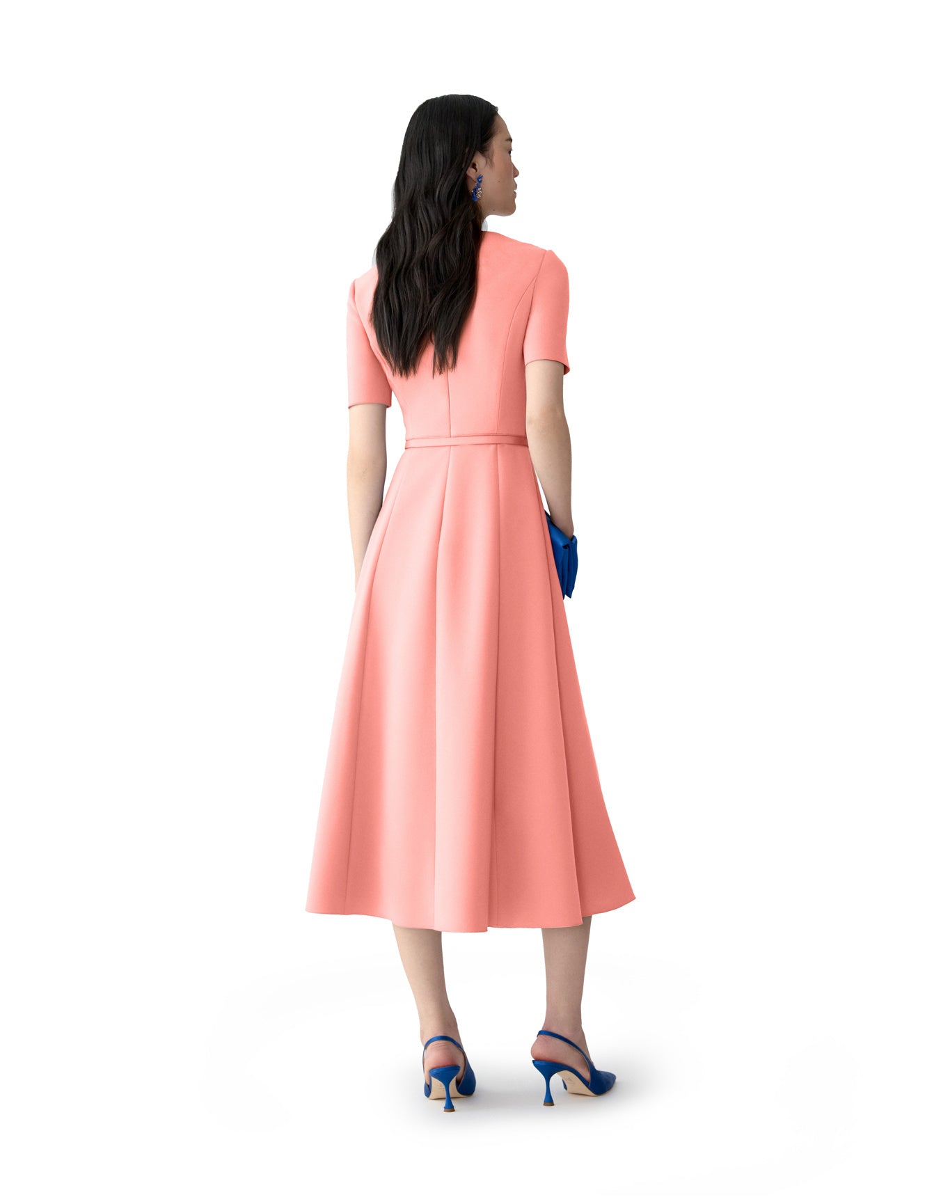 Short Sleeve Draped Crewneck Midi Dress With Self Belt | Sunset