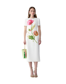 Short Sleeve Crewneck Midi Dress | White Multi