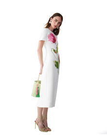 Short Sleeve Crewneck Midi Dress | White Multi
