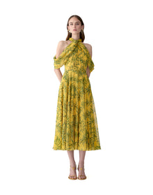 Halter Neck Draped Off Shoulder Midi Dress | Daffodil/Multi