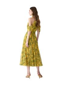 Halter Neck Draped Off Shoulder Midi Dress | Daffodil/Multi