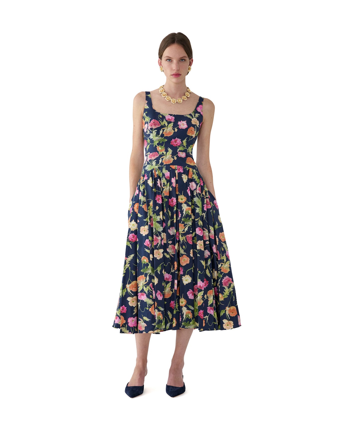 Sleeveless Scoop Neck Drop Waist Midi Dress | Midnight Multi