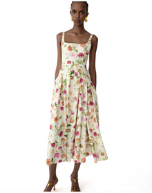 Sleeveless Scoop Neck Drop Waist Midi Dress | Almond Multi