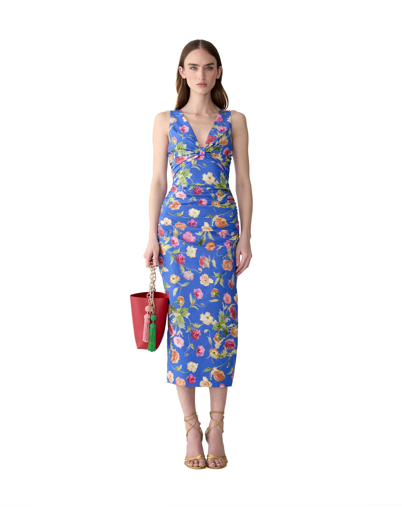 Sleeveless Gathered V-Neck Midi Dress | Bluebell Multi