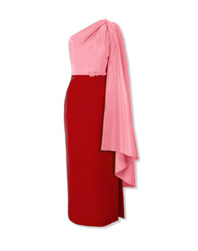 Midi Dress With Detachable Shoulder Drape & Belt | Herrera Red Mul