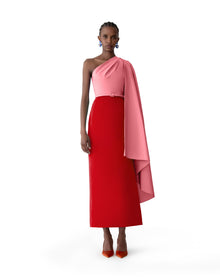 Midi Dress With Detachable Shoulder Drape & Belt | Herrera Red Mul