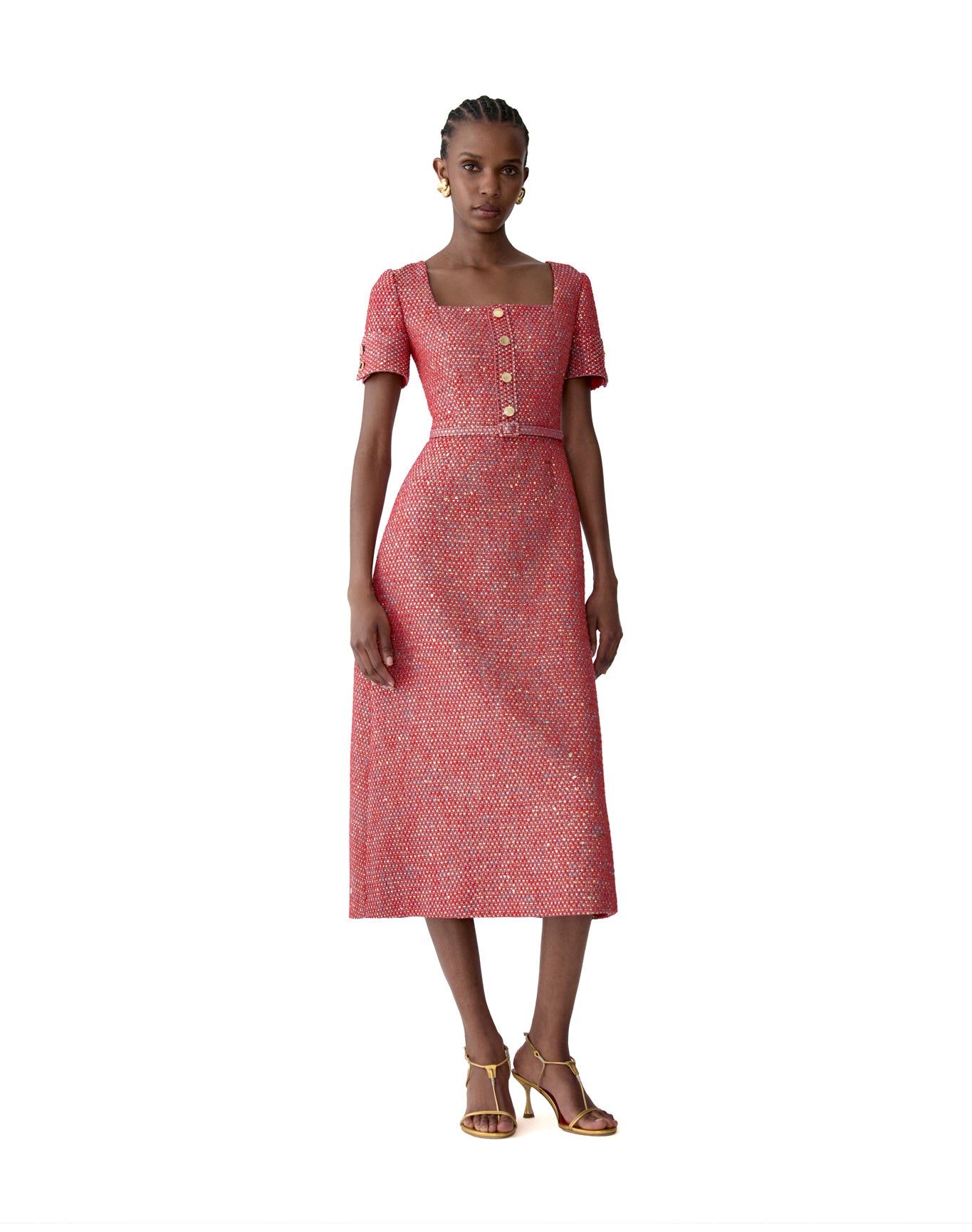 Short Sleeve Square Neck A-Line Midi Dress With Belt | Herrera Red Mul
