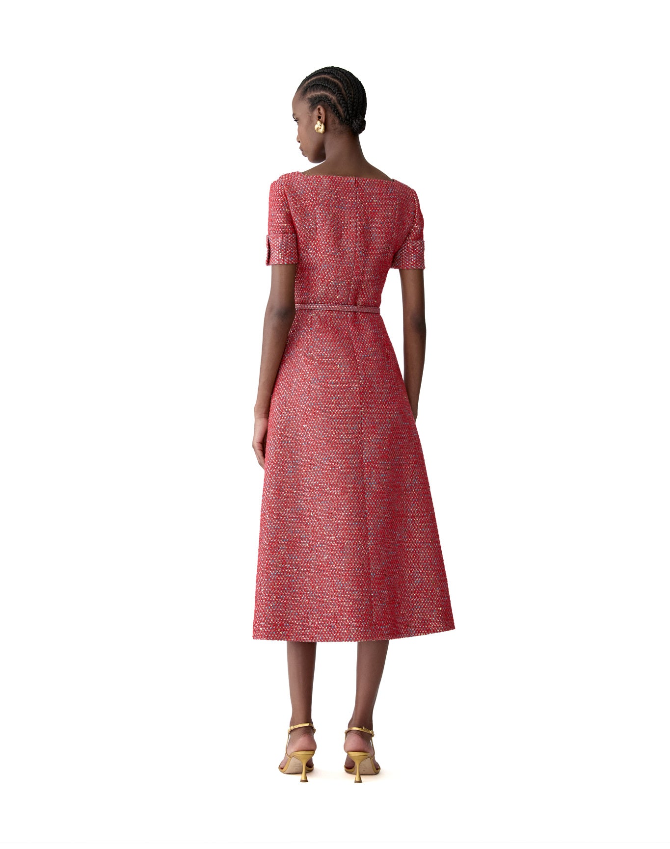 Short Sleeve Square Neck A-Line Midi Dress With Belt | Herrera Red Mul