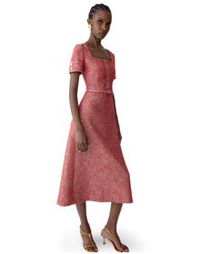 Short Sleeve Square Neck A-Line Midi Dress With Belt | Herrera Red Mul