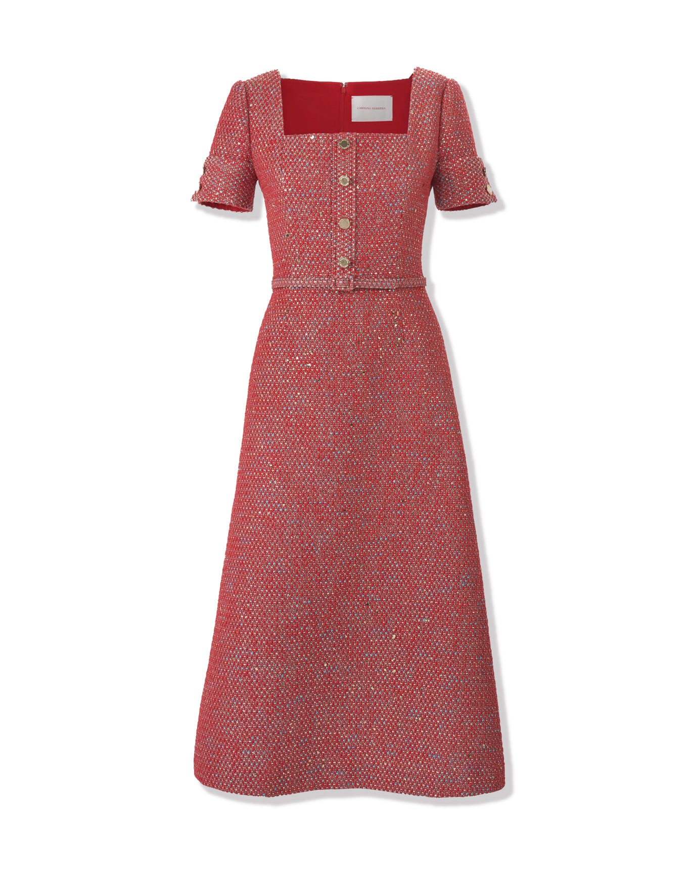 Short Sleeve Square Neck A-Line Midi Dress With Belt | Herrera Red Mul
