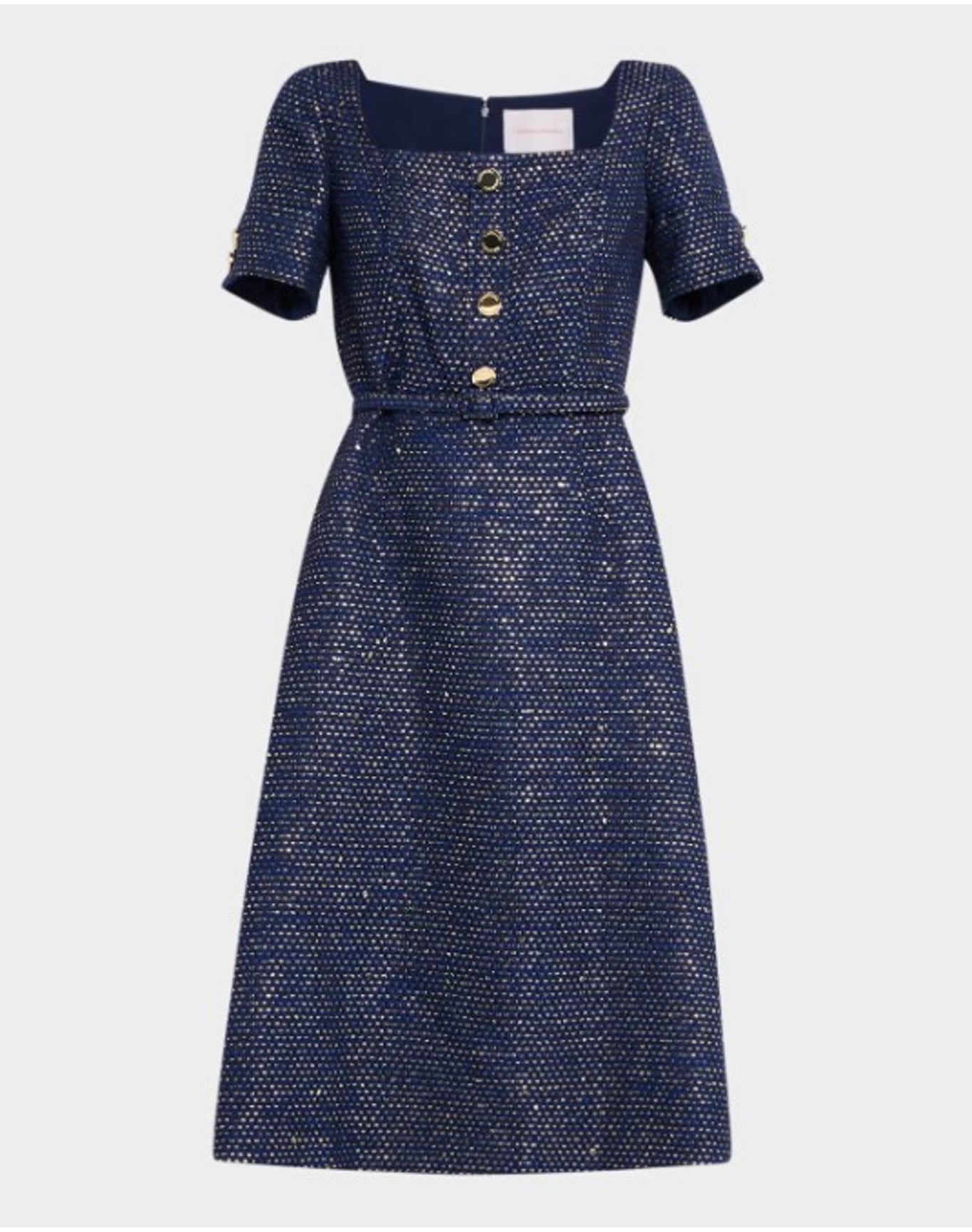 Short Sleeve Square Neck A-Line Midi Dress With Belt | Midnight Multi