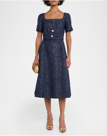 Short Sleeve Square Neck A-Line Midi Dress With Belt | Midnight Multi