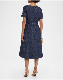 Short Sleeve Square Neck A-Line Midi Dress With Belt | Midnight Multi