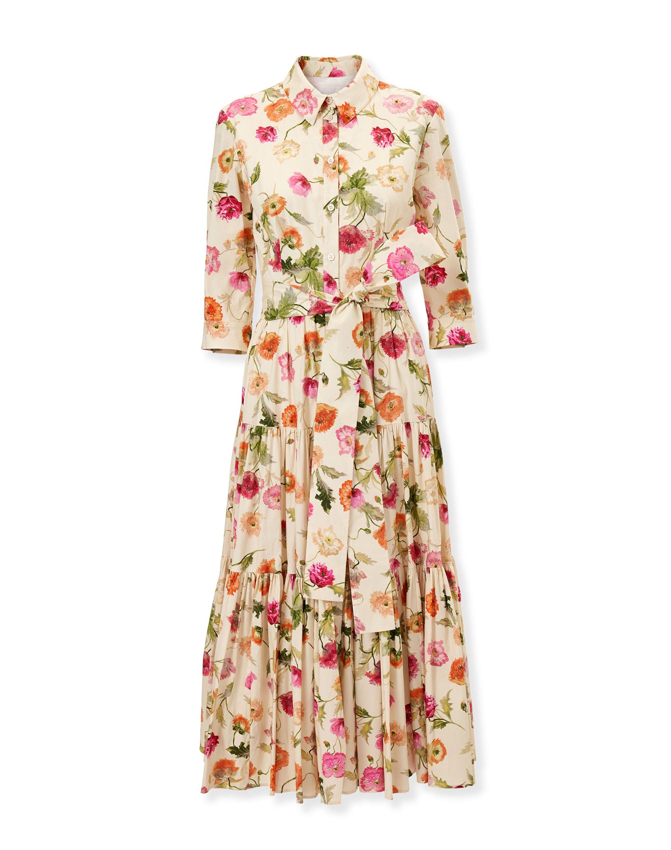 3/4 Sleeve Tiered Shirt Dress | Almond Multi