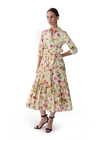 3/4 Sleeve Tiered Shirt Dress | Almond Multi