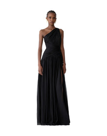 Gathered One Shoulder Gown With Slit | Black