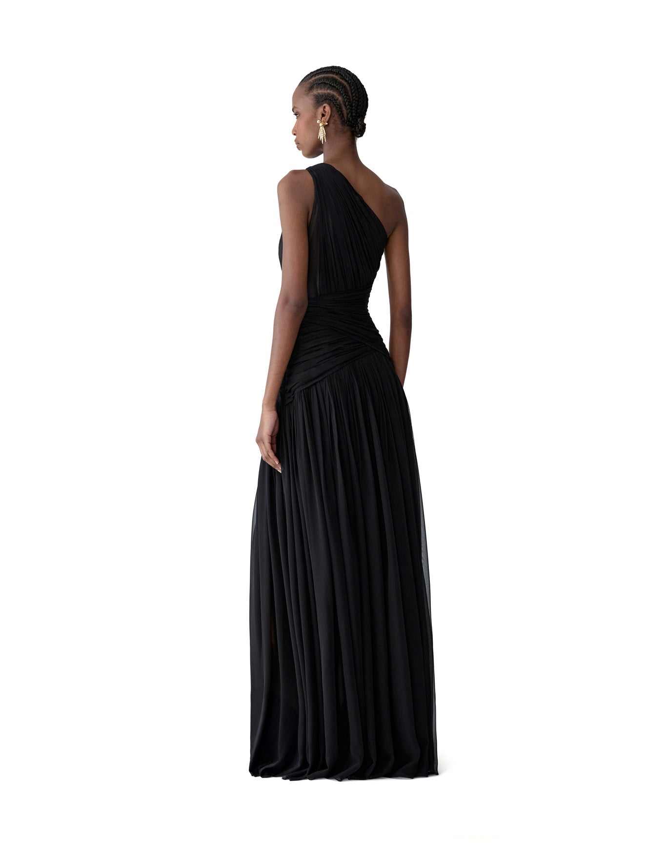 Gathered One Shoulder Gown With Slit | Black