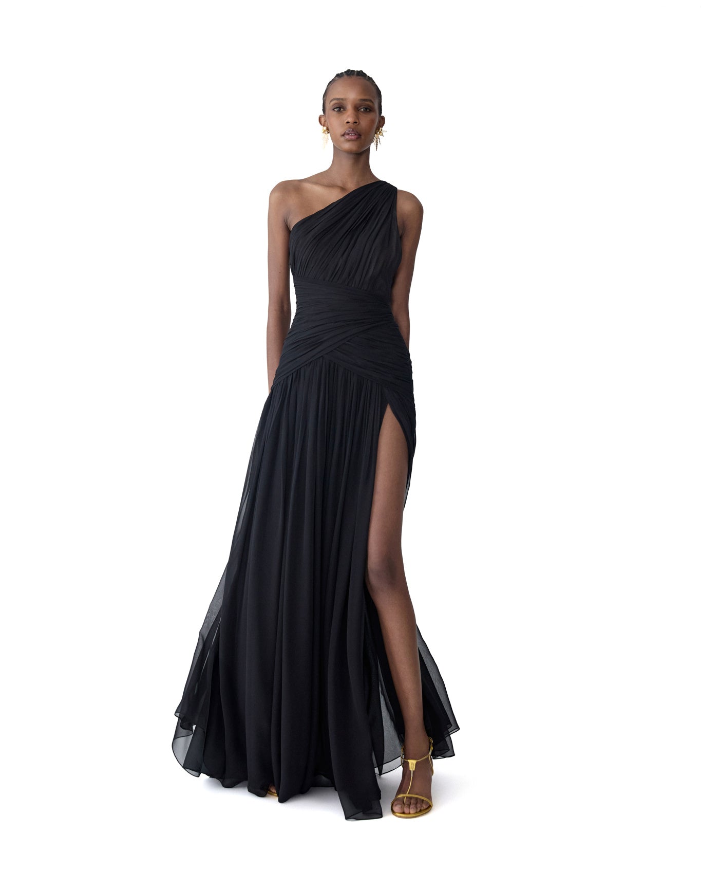 Gathered One Shoulder Gown With Slit | Black
