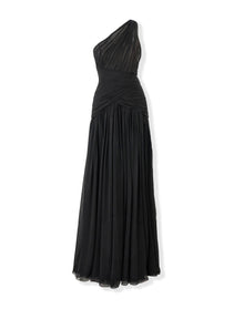 Gathered One Shoulder Gown With Slit | Black