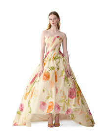 Strapless Pleated High-Low Gown | Almond Multi