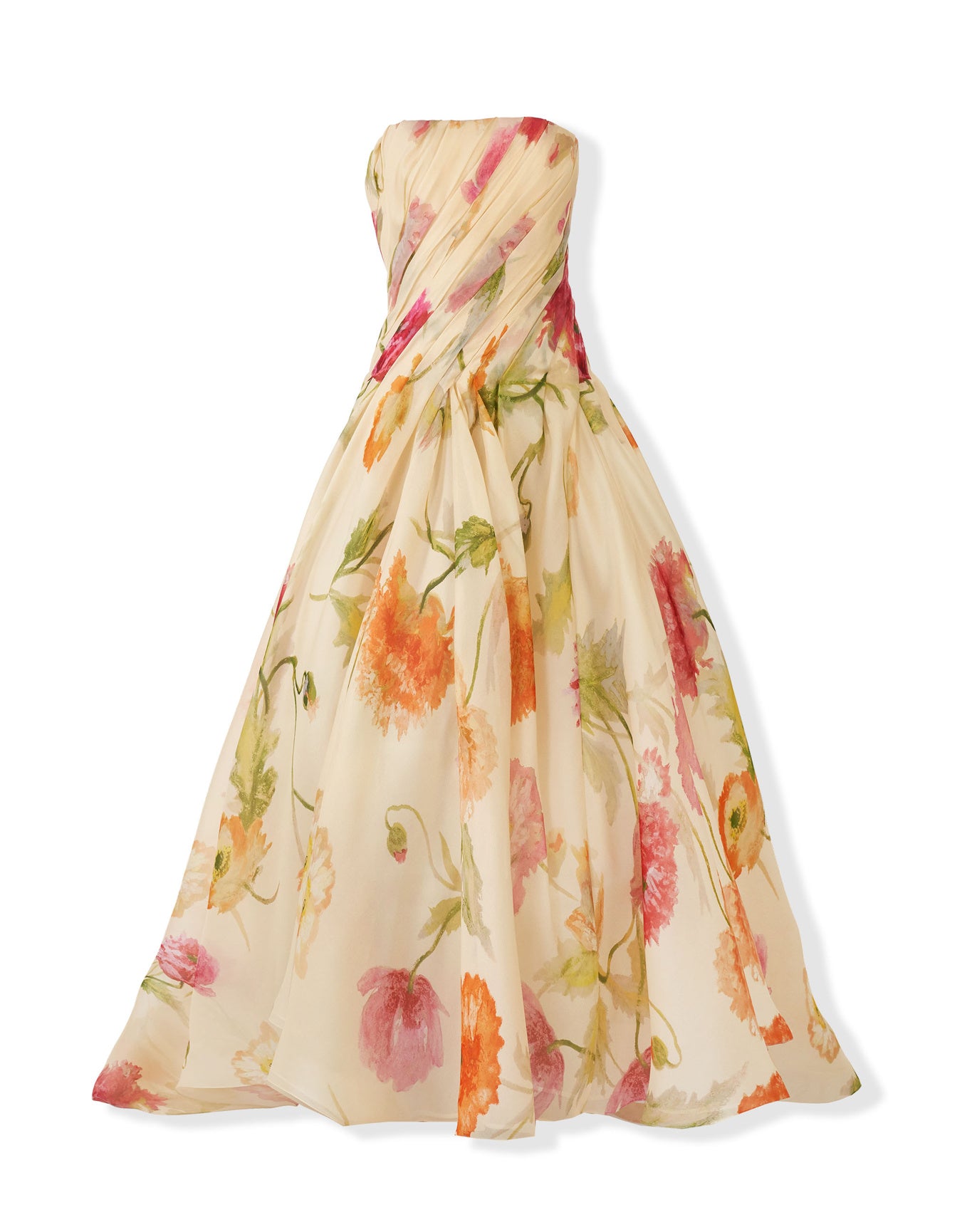 Strapless Pleated High-Low Gown | Almond Multi